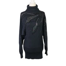 Vintage 90s Sarah Taylor Black Angora Blend Sequin Turtleneck Sweater S