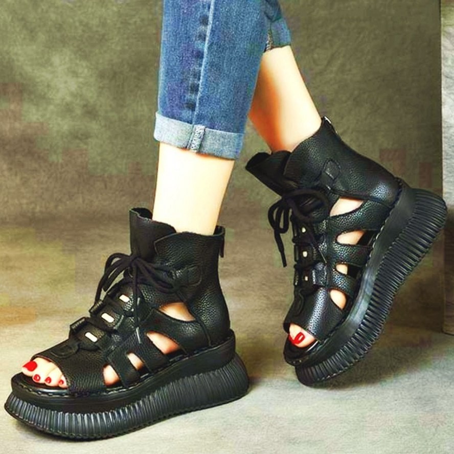 SAOLA Stivaletti donna suola spessa vera pelle sandali alti plateau piatto creepers