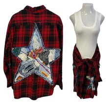 Upcycled Flannel Shirt Shacket Womens 3X Grunge Patchwork Star Folk Art Ranch