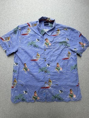 Tommy Bahama Shirt Mens XL Blue Surfer Hula Silk Hawaiian Short Sleeve Button