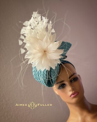 Aimee Fuller Ascot Kentucky Derby Cream Teal Fascinator Christmas Holiday Hat