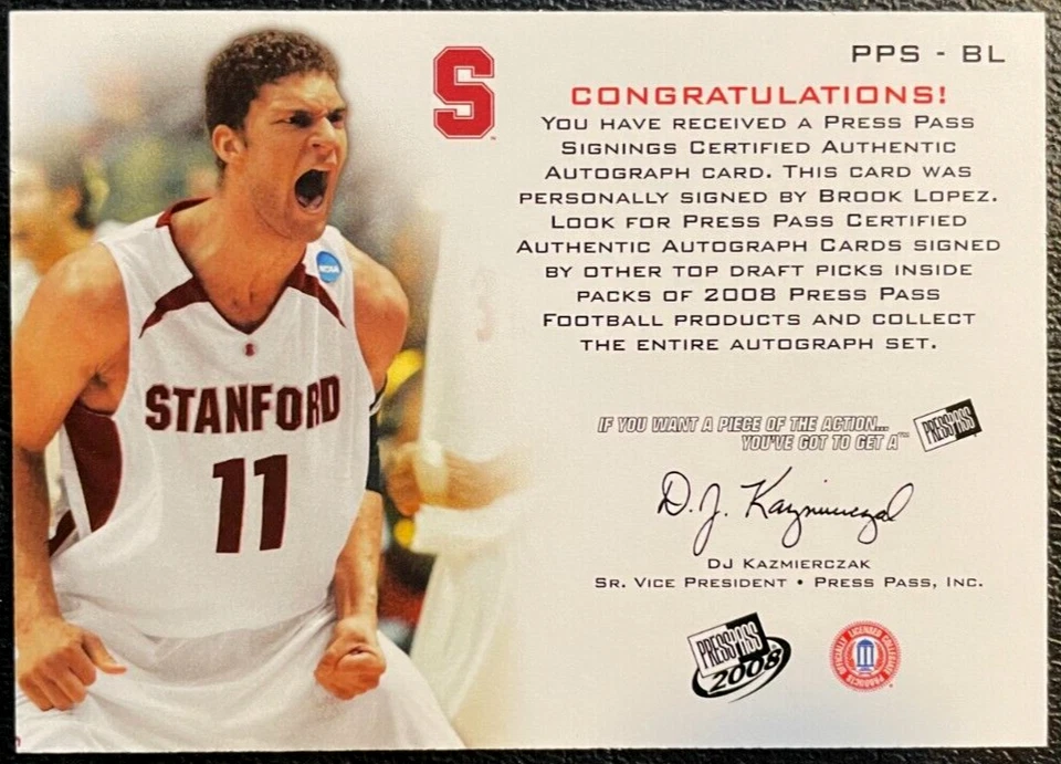 Press Pass Signings 2008 #PPS-BL Brook Lopez azul novato automático #05/50 radiocontrol Stanford Foto 2 de 2