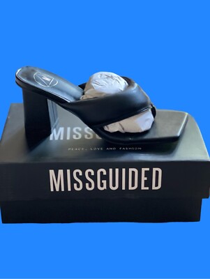 square toe padded flip flop block heel black size UK