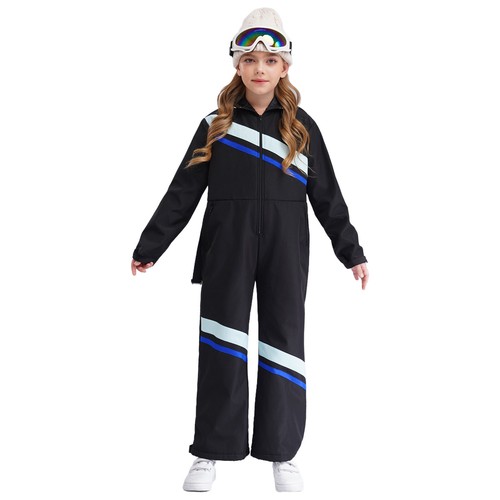 Kids Girls Ski Hooded Jumpsuit Long Sleeve Zipper Color Block Bodysuit with Belt - Picture 7 of 76