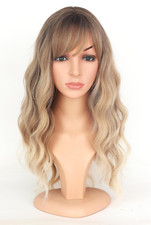 Ombre Dirty Blonde Wavy Wigs with Bangs for Women Medium Long Ash Blonde Synthet