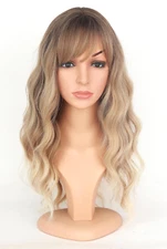 Ombre Dirty Blonde Wavy Wigs with Bangs for Women Medium Long Ash Blonde Synthet