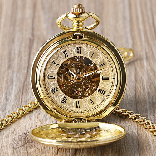 Mens Vintage Steampunk Gold Tone Skeleton Mechanical Pocket Watch Hand Wind Gift - Picture 10 of 10