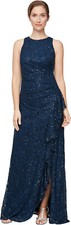 NWT 220 DARK NAVY SZ 8 Alex Evenings Sleeveless Cascade Ruffle Detail Dress