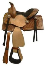 Pony saddle with a tooled feather design 8"