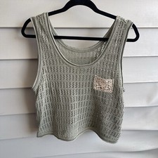 Vtg Sweater Vest Tank Crochet Cottagecore Granny Crop Green Boxy Boho Medium