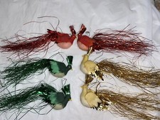 Vtg Feather Birds Red Green Gold Long Tinsel Tail Christmas Ornament Decor Dove