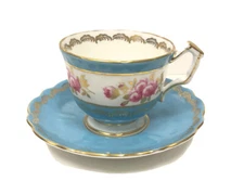 AYNSLEY Bone China Aqua Blue Green Gold Trim Floral Teacup & Saucer 2911