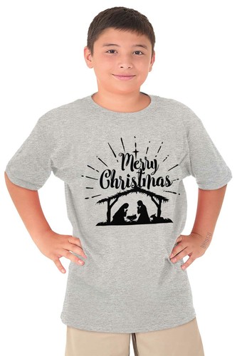 Merry Christmas Jesus Nativity Scene Cross Youth Crewneck T Shirts Boy or Girl - Picture 4 of 7