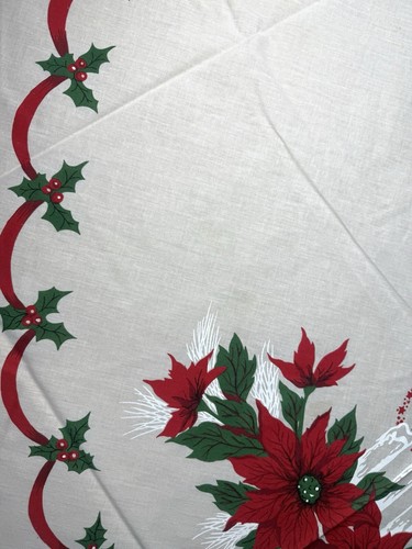 Vintage Christmas Tablecloth 1950s Poinsettia Candles Holly Holiday 66" Round - Picture 13 of 14