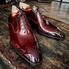Handmade Burgundy Genuine Leather Oxford Brogue Dress Lace Up Shoes For Men