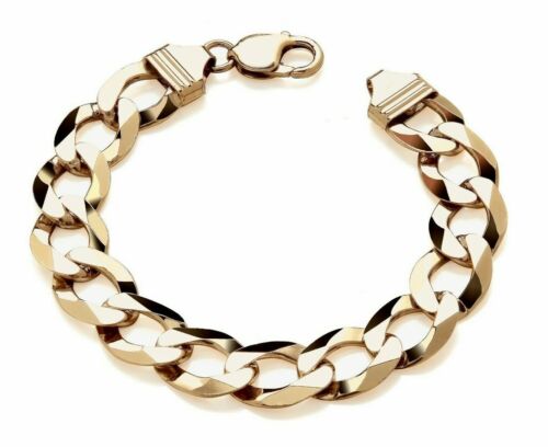 9ct Gold on Silver Chunky Men's Curb Bracelet - 14mm Wide - 8.75 inch - Picture 1 of 5