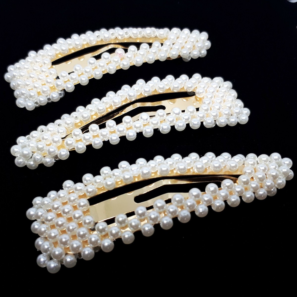 Large Gold Pearl Hair Clip Slide Women's Girls Barrette Bridal Hair  Accessories