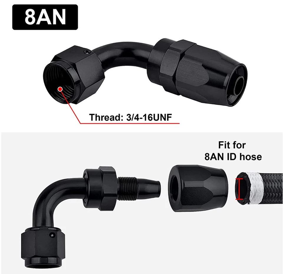 Adaptador de montaje de extremo de manguera de línea de combustible de aceite giratorio 4X aluminio AN8 8AN 90 grados EE. UU. Foto 4 de 4
