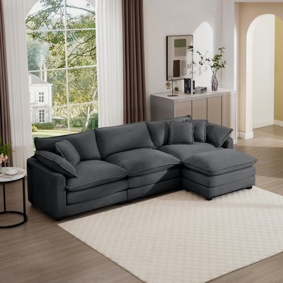 Corduroy 3-seater sofa with 1 footrest, L-shaped double sofa with ottoman for s