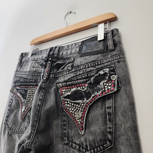 Robins Jeans Studded Flap Pockets Wings Mens 32x32 Gray Embroidered Rhinestones - Picture 3 of 17