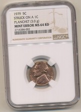 1979 ERROR NGC MS64 RED OFF METAL JEFFERSON  NICKEL ON CENT WRONG PLANCHET