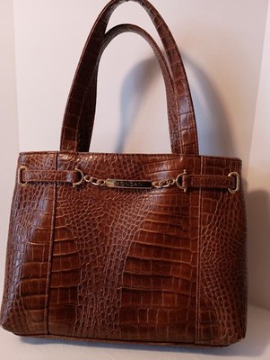 Mondani Brown Leather Handbag Crocodile Pattern Tote Vintage