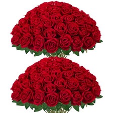 50 PCS Red Roses Artificial Flowers Fake Velvet Silk Bulk Faux Wedding DIY
