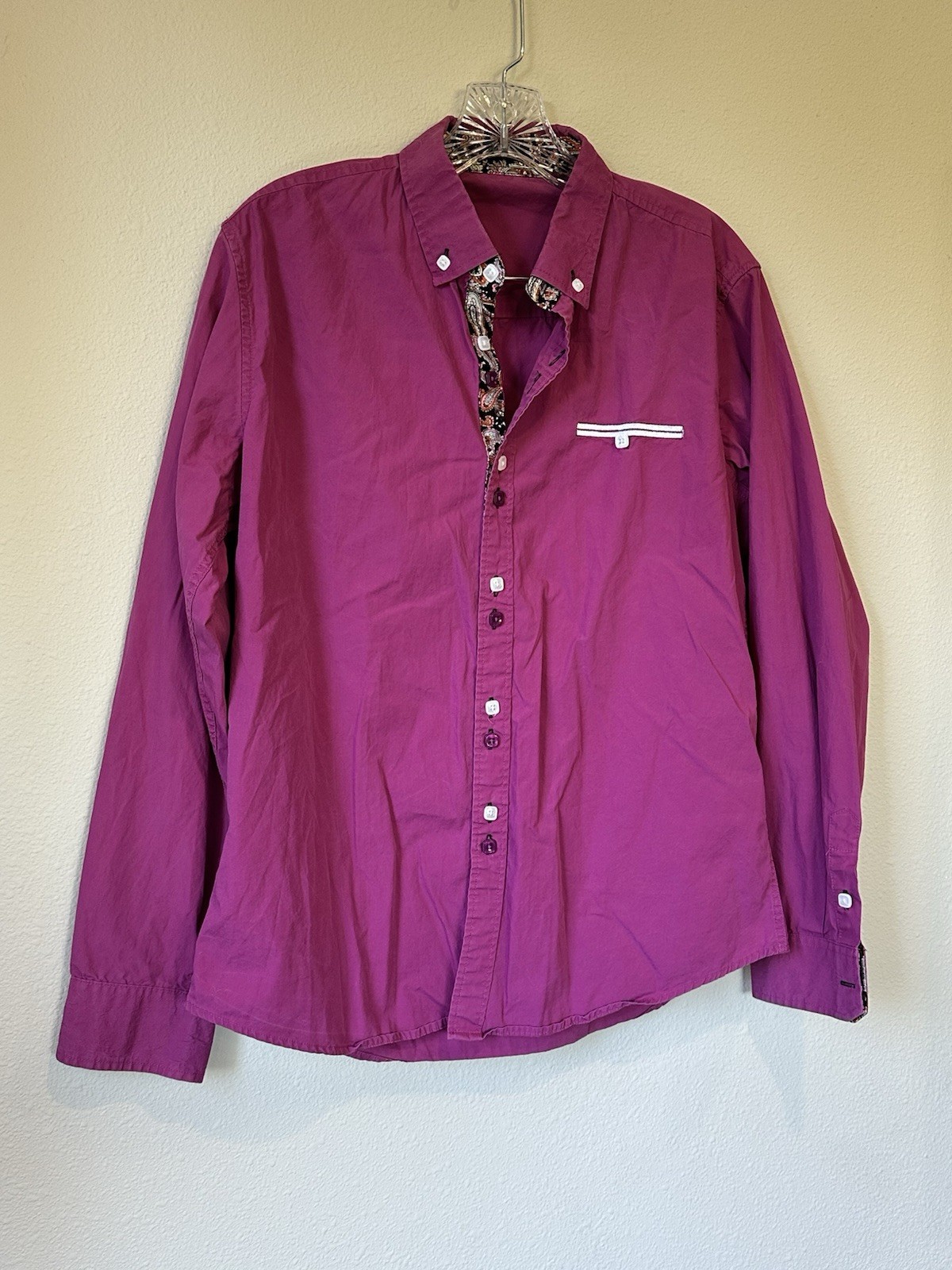 Coofandy Mens Casual Magenta Dress Shirt Button Down Long Sleeve Size S Paisley