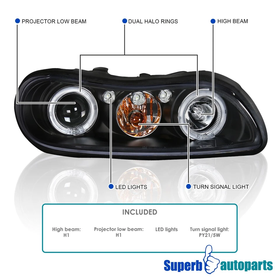 Fit 1997-2003 Chevy Malibu 04-05 Classic Halo Black Projector Headlights LED Bar - Image 3 of 4