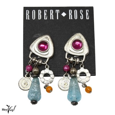 Vintage Robert Rose Clip-On Earrings 2.5'' Dangle Charms Statement - Hey Viv