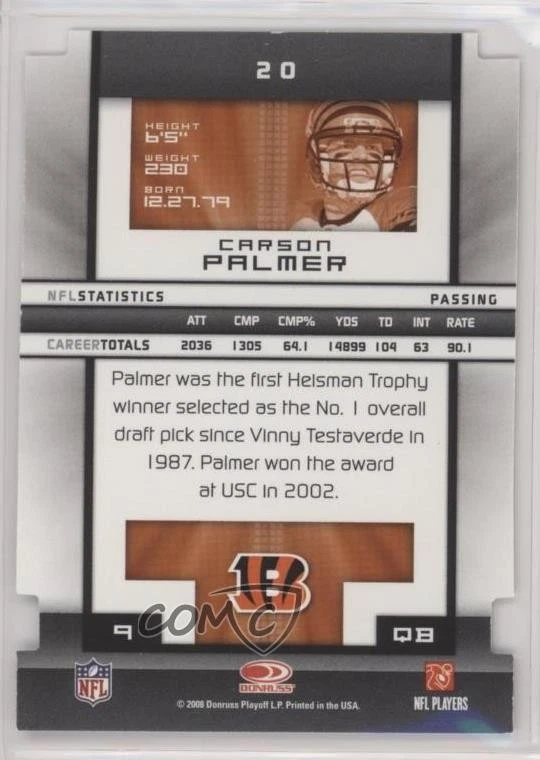 2008 Donruss Elite Aspirations Die-Cut /91 Carson Palmer #20 - Image 2 of 2