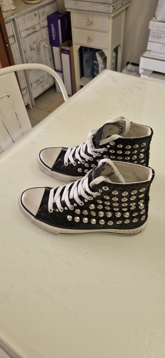 VIA CONDOTTI Sneakers Alte Unisex In Pelle Sfumata Con Borchie A Stella E Cono - Colore Platino Argento - Scarpe Stringate Con Suola Piatta