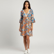 Umgee Boho Dress Sz Small Mixed Flower Print Flounce Lace Trim Bell Sleeve Multi