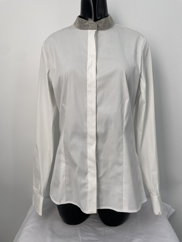 Fabiana Filippi Womens Mandarin Shirt White Size M Bead Collar Cotton *PREOWNED*