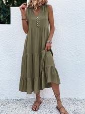 Ladies Button Detail Tiered Hem Maxi Dress