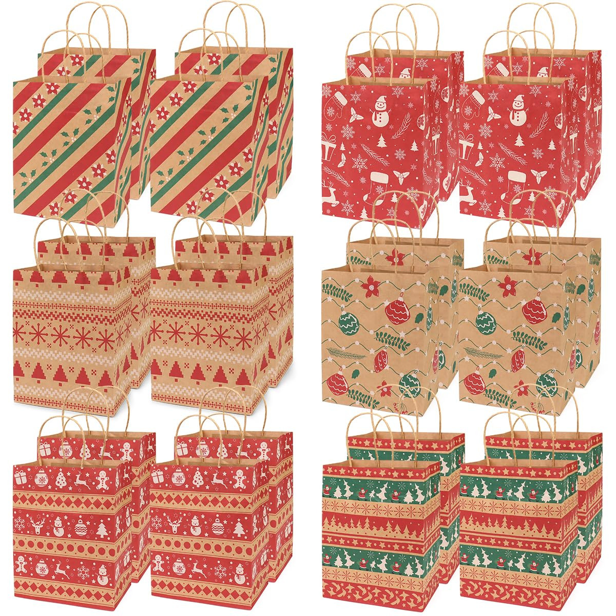 Christmas Kraft Gift Bags 24-Pack, Assorted Small Xmas Paper Bags for Holiday Gifting