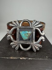 VTG Old Pawn Navajo Sterling Sandcast Turquoise Belt Buckle Fits 1.5 Belt Sz 30