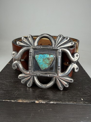 VTG Old Pawn Navajo Sterling Sandcast Turquoise Belt Buckle Fits 1.5” Belt Sz 30