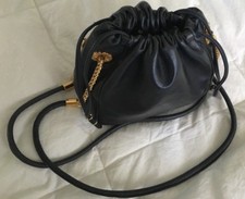 ESCADA Vintage Navy Blue Lambskin Leather Daisy Adorned Purse Draw Bag-RARE HTF 