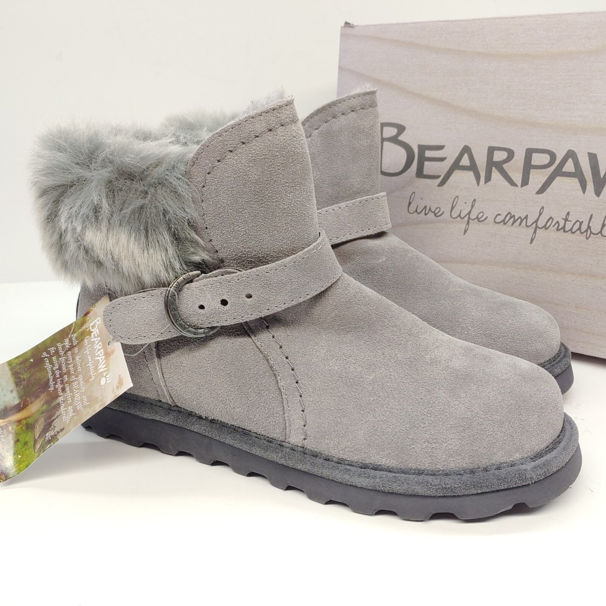 BEARPAW Koko Gray Fog Suede Boots Womens Size 10 Slip On 2012W