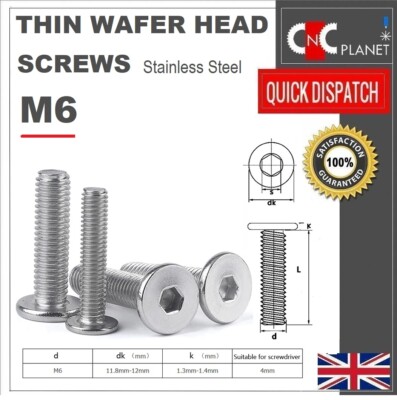 M6 Ultradünne Waffel Flachkopf Low Profile Schrauben Bolzen Inbusschlüssel Edelstahl