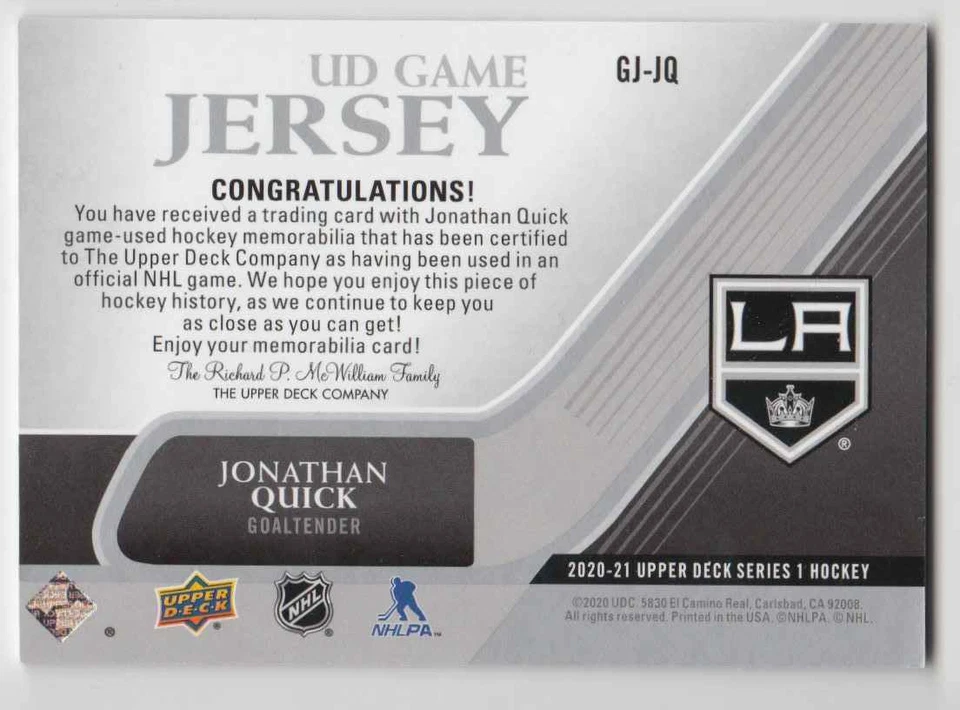 2020-21 Upper Deck Game Jerseys Jonathan Quick Jersey #GJ-JQ - Image 2 of 2