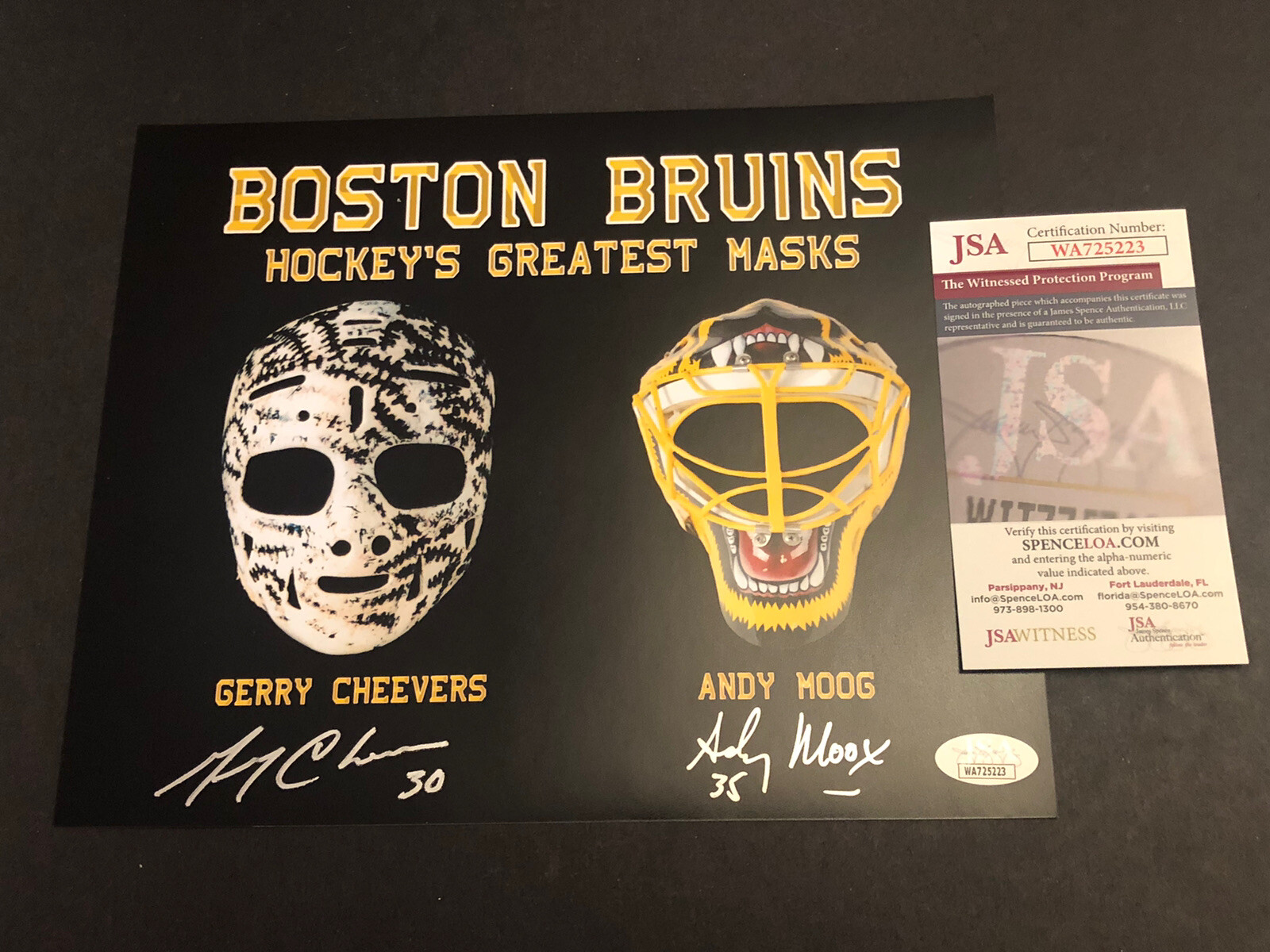 Gerry Cheevers Autographed Signed Boston Bruins JSA & ANDY MOOG 8x10 GREATEST MASKS PHOTO 223 