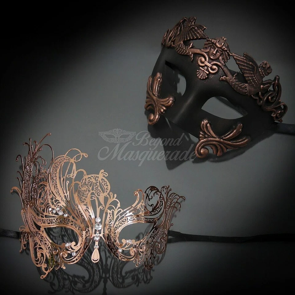 Couple's Filigree Metal Masks | Graceful Masquerade Masks Rose Gold - Image 2 of 4