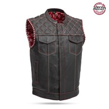 Men's Club Style Leather Vest Red Paisley Motorbike Leather Vest Diamond Vest