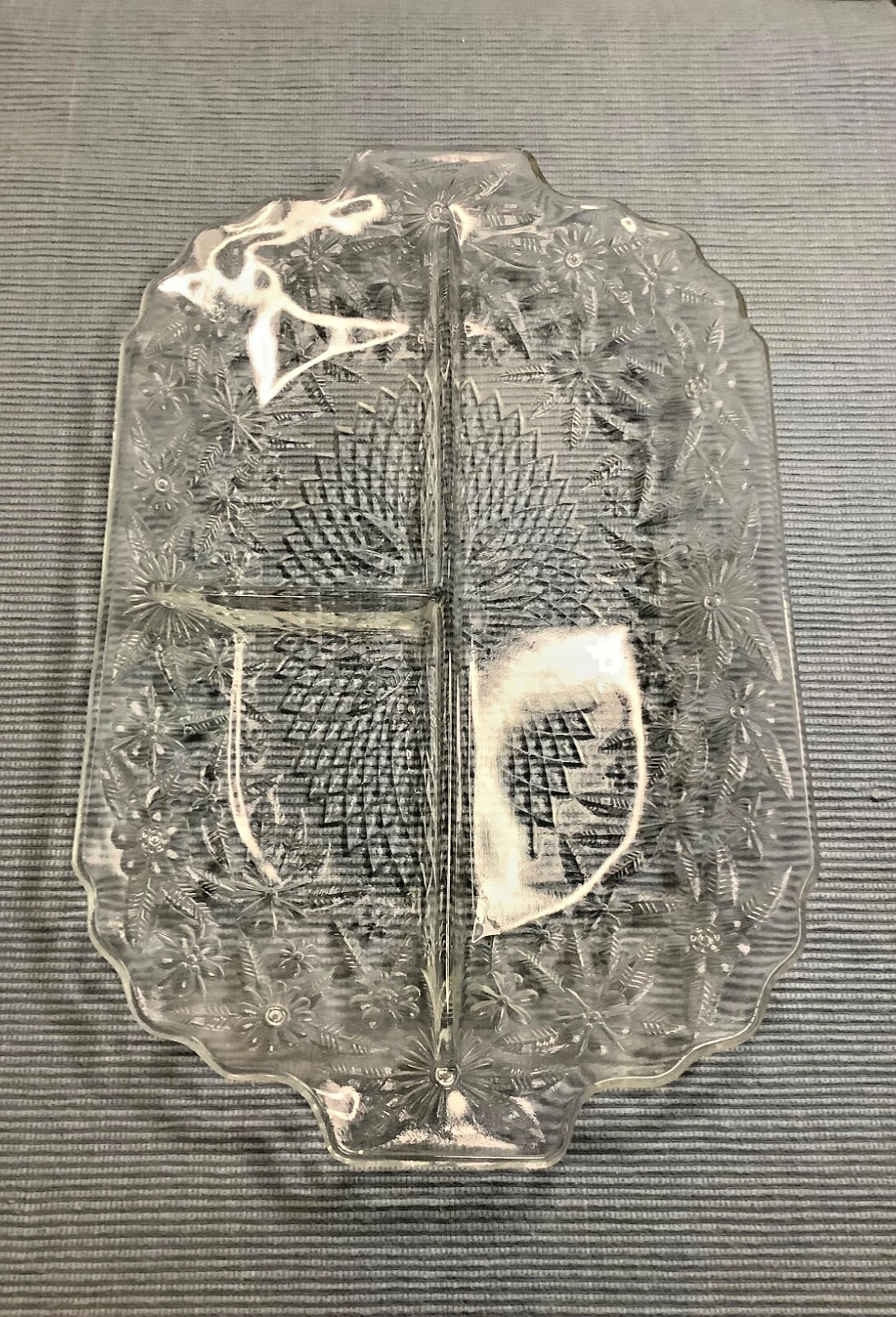 Vintage Indiana Glass Pineapple And Floral, 3 Part Divided Relish Dish