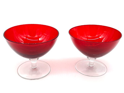 Mid Century Ruby Red Vintage Wine Sherbert Stemware Hand Blown Glass Set Of 2
