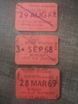 3x LONDON TRANSPORT RAILWAYS  TRAIN TICKETS 1967/68/69 TOOTING BROADWAY TRAIN 