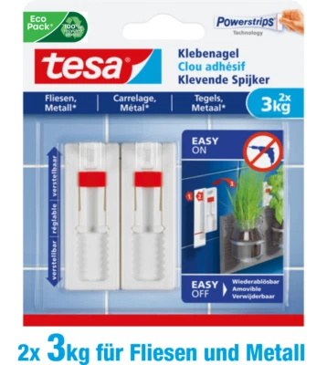 Tesa, Höhnenverstellbarer Klebenagel für Fliesen & Metal, 2 x 3 kg Set mit 2 St