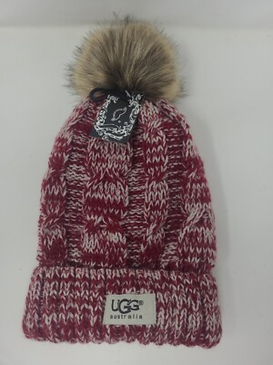 UGG Australia Women's Knit Cable Beanie Hat Faux Fur Pom Red